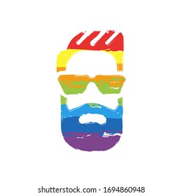 Hipster face, fashion logo, modern man. Drawing sign with LGBT style, seven colors of rainbow (red, orange, yellow, green, blue, indigo, violet