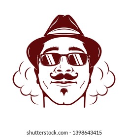 Hipster face with mustache, stylish hat and smoke around. Fully editable vector illustration. EPS 10 