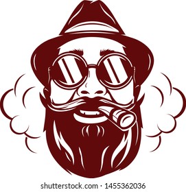 Hipster face with mustache, stylish hat and soke around. Fully editable vector illustration. EPS 10 
