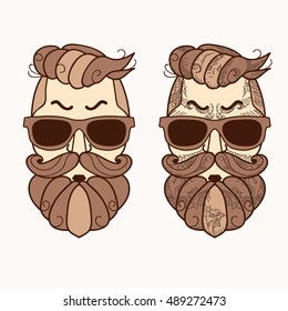 Hipster face, Ornate Zentangle style. Avatar character with brown color beard, hair and glasses. Retro style, vintage design. Vector