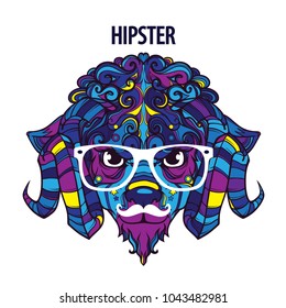 Hipster face of sheep, ram with horns, hand drawn line art cartoon vector illustration isolated on white background