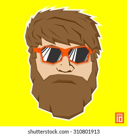 Hipster face vector. Hipster face character with beard, hair and sunglasses. 