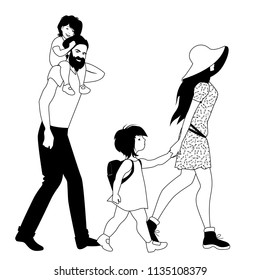 Hipster family strolling isolated on white background. Two children. Boy and Girl. Bearded father and beautiful mother with hat and flower dress. 