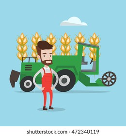 Granjero hipster con barba sobre el fondo de la combinación trabajando en el campo de trigo. Combina la cosecha de trigo. Ilustración de diseño plana vectorial. Diseño cuadrado.