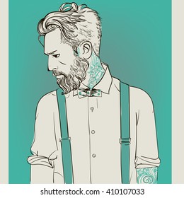 Hipster fashion Barber men with tattoo. Vector illustration.