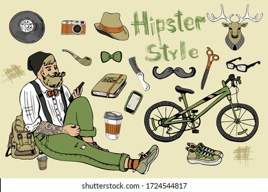 Hipster fashion bearded man  with hipster accessories, Isolated vector illustration.