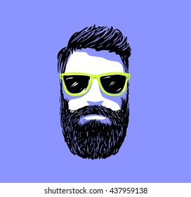 Hipster fashion bearded man portrait in sunglasses, Hand drawn vector illustration