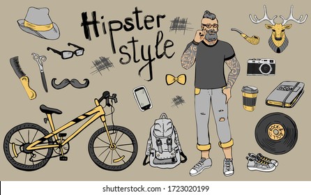 Hipster fashion bearded man in sunglasses with hipster accessories, Isolated vector illustration.