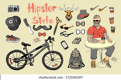 Hipster fashion bearded man in sunglasses with hipster accessories, Isolated vector illustration.