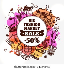 Hipster fashion clothing discount big market sale advertisement banner with circle shape composition doodle abstract vector illustration