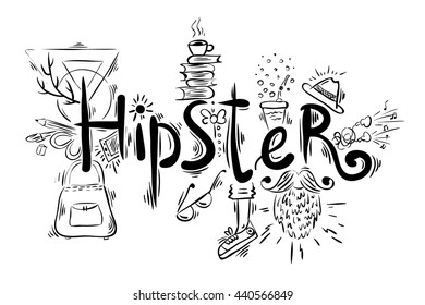 Hipster fashion elements - vector handwritten lettering and sketches isolated on white backround