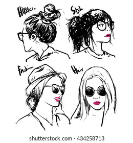 Hipster fashion female, Hand drawn vector fashion girls hipster outline, hair stylist vector illustration, outline