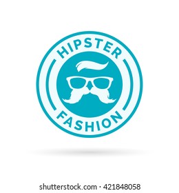 Hipster fashion icon emblem with blue hippie glasses and mustache symbol stamp. Vector illustration.