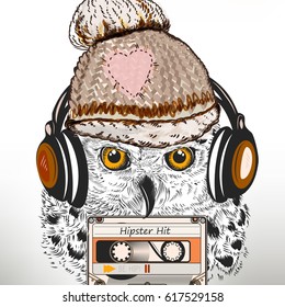 Hipster fashion illustration with white owl listen music in headphones. Ideal for T-shirt prints designs