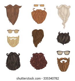 Hipster fashion man beards and eyeglasses. Hand-drawn vector blond, brunet, dark-haired, ginger and grey-haired beards isolated on white background.