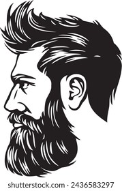 Hipster Fashion Man with Hair and Beard. Black and White. Vector Illustration.