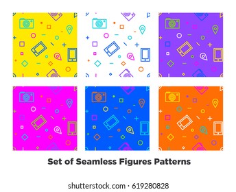 Hipster Fashion Memphis Style Figures Pattern. Set of  Abstract Seamless Pattern with lines, circles, squares, phones, geo marks and photo. Vector Illustration.