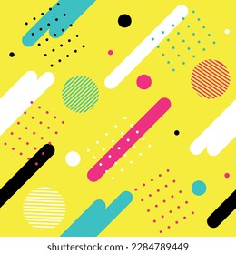 Hipster Fashion Memphis Style Geometric Pattern.  Abstract Seamless Pattern with Lines, Circles and Squares. Vector illustration.