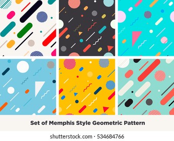 Hipster Fashion Memphis Style Geometric Pattern.Set of  Abstract Seamless Pattern with Lines, Circles and Squares. Vector Illustration.
