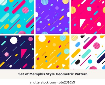 Hipster Fashion Memphis Style Geometric Pattern.Set of  Abstract Seamless Pattern with Lines, Circles and Squares. Vector Illustration. Good neon trendy colors.