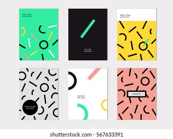 Hipster Fashion Memphis Style Geometric set. Set of Posters with Lines and Circles. Vector Illustration. Abstract flat background design.