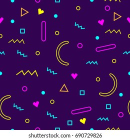 Hipster Fashion Memphis Style Geometric Pattern. Abstract Seamless Pattern with Lines, Circles and Squares. Vector Illustration.