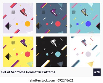 Hipster Fashion Memphis Style Geometric Pattern.Set of  Abstract Seamless Pattern with Lines, Circles and Squares, figures. Vector Illustration. Neon colors.