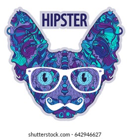 Hipster fashion ornament face of sphinx cat with mustache and styled eyeglasses. Line art. Vector illustration isolated on white background. Ornament.