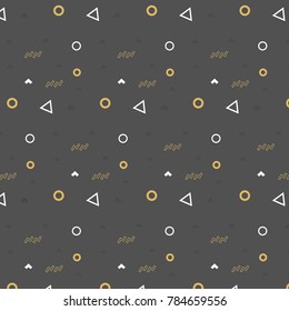 Hipster fashion pattern memphis ornament white circle white triangle and white and dark gray corner on grey background