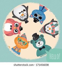 Hipster Fashion Retro Animals and Pets Card Illustration, Banner, Background