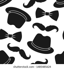 Hipster fashion seamless pattern. Moustache, bowtie and hat.