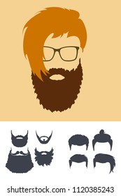 Hipster Fashion Set. Bearded Face Avatar Silhouette. Haircuts, Beards, Glasses, Accessories. Vector Isolated Illustration