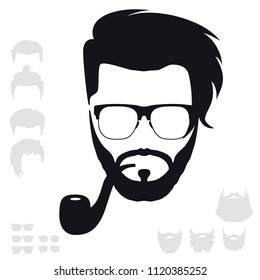 Hipster Fashion Set. Bearded Face Avatar Silhouette. Haircuts, Beards, Glasses, Accessories. Vector Isolated Illustration