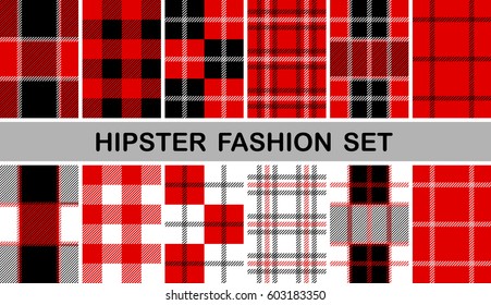 Hipster fashion set. Collection of checkered patterns for cotton shirts. Red, black, white.