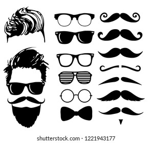 Hipster fashion set. haircuts, beards, glasses, bowtie and pipe