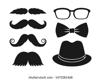 Hipster fashion set. Moustache, glasses, bowtie and hat.