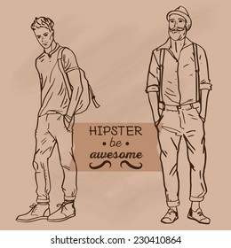 Hipster fashion trendy men, hand drawn vector  illustration