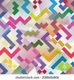 Hipster fashion .Trendy seamless pattern in Memphis style and with different shapes i. Jumble design . Repeating zigzag smooth lines vector background . Cool geometric texture .