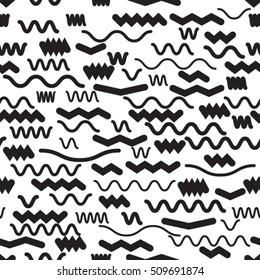 Hipster fashion .Trendy seamless pattern in Memphis style. Jumble design . Repeating zigzag smooth lines vector background . Cool geometric texture .