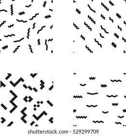 Hipster fashion .Trendy seamless pattern in Memphis style and with different shapes i. Jumble design . Repeating zigzag smooth lines vector background . Cool geometric texture .