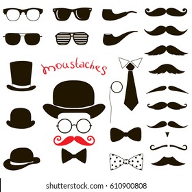 Hipster fashion vintage set. retro gentleman elements. mustaches, hats and eyeglasses.