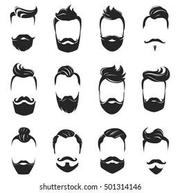 Hipster fashionable beard moustache and hair styles monochrome set isolated on white background flat vector illustration