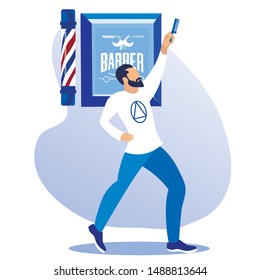 Hipster Fashioned Barber Holding Comb in Hand Posing and Disco Dance in Barbershop Interior, Men Beauty Master Clowning Stand in Funny Posture with Work Equipment, Cartoon Flat Vector Illustration