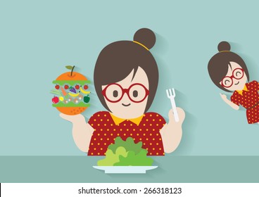 Hipster fat lady eating salad vector cartoon.