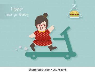 Hipster fat lady running exercise with hamburger vector cartoon.