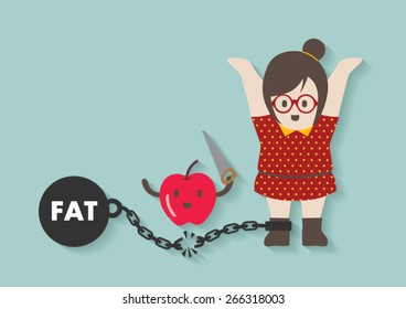 Hipster Fat Woman With Broken Iron Ball And Chain Vector Cartoon.