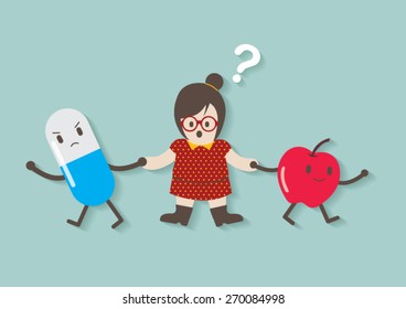 Hipster fat woman with diet medicine and apple vector cartoon.