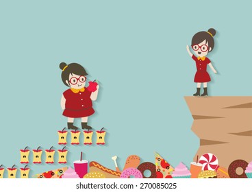 Hipster fat woman eat apple with apple core step vector cartoon.