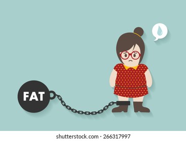 Hipster Fat Woman With Iron Ball And Chain Vector Cartoon.