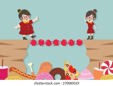 Hipster fat woman walking across with apple bridge vector cartoon.